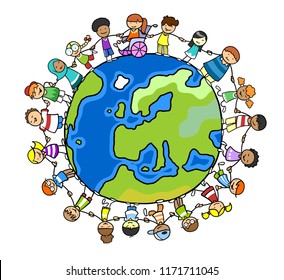 Multicultural Group Children Hold Hands Around Stock Illustration ...