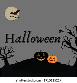 Happy Halloween Background With Black Pumpkin And Tree With Moon Illustration On Gray Background