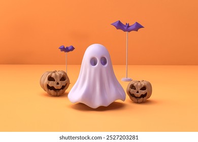 Happy Halloween background design including cute ghost, pumpkin carving, flying bats. Spooky halloween themed backdrop design template. 3D rendered. - Powered by Shutterstock