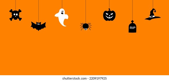 Happy Halloween Background  Illustration. Halloween Hanging Decorations On An Orange Background.