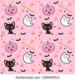 Happy Halloween background wallpaper pattern and cute ghost cat pumpkin pink black white orange pattern print printable decorate ornament set 