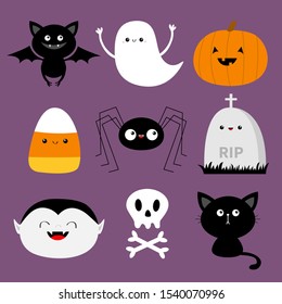 Happy Halloween. Bat, Candy Corn, Ghost Spirit, Pumpkin, Cat, Dracula, Skull Bone, Spider, Gravestone. Cute Cartoon Kawaii Funny Baby Character Set. Flat Design. Violet Background Isolated