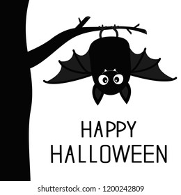 Happy Halloween  Bat hanging tree  Cute cartoon baby character and big open wing  ears  legs  Black silhouette  Forest animal  Flat design  White background  Isolated  Greeting card  