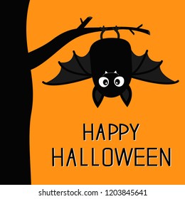 Happy Halloween  Bat hanging tree  Cute cartoon baby character and big open wing  ears  legs  Black silhouette  Forest animal  Flat design  Orange background  Isolated  Greeting card 