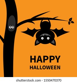 Happy Halloween  Bat hanging tree  Cute cartoon baby character and open wing  ears  legs  Hollow eyes  Black silhouette  Forest animal  Flat design  Orange background Isolated
