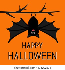 Happy Halloween card  Cute bat hanging tree  Big wings  Cartoon character  Baby illustration collection  Flat design  Orange background 