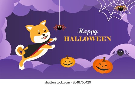 Happy Halloween card. Cute dog, spider and pumpkin on purple background.