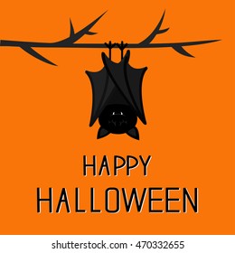 Happy Halloween card  Cute sleeping bat hanging tree branch  Closed wings  Cartoon character  Baby illustration collection  Flat design  Orange background  