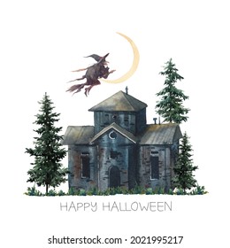 Happy Halloween Card. Watercolor Moon, Dark Manor And Flying Witch Silhouette.