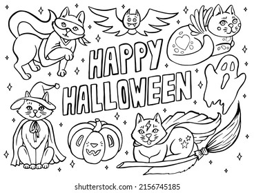 Happy Halloween Coloring Page With Cats In Costumes And Spooky Objects, Hand Drawn Cute Halloween Coloring Sheet