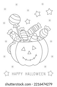 happy halloween colouring page  big pumpkin basket and many candies   sweets  outline drawing large shapes to make it easier for children to color  you can print it standard a4 paper