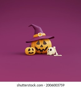 Happy Halloween concept ,Pumpkins character wearing witch hat,skull,bone.on purple background.3d rendering. - Powered by Shutterstock