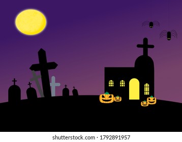 Happy Halloween Festival. Ghost Release Day. Horror Night. Spider, Grave, Haunted Castle In Fullmoon Day. Cartoon Illustration Background.