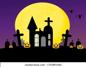 Happy Halloween Festival. Ghost Release Day. Horror Night. Spider, Grave, Haunted Castle, Fullmoon Day. Black Cat On The Castle. Cartoon Illustration Background.