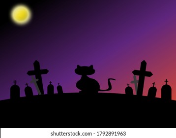 Happy Halloween Festival. Ghost Release Day. Horror Night. Black Cat On The Cemetery In Fullmoon Day. Cartoon Illustration Background.