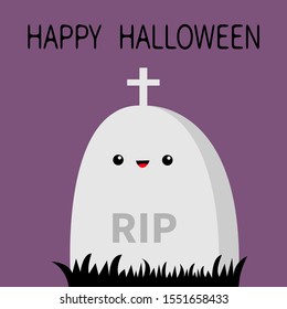 Happy Halloween. Grave Stone Cemetery Cross. Tombstone Icon. RIP. Black Grass Silhouette. Graveyard. Green Color. Cute Cartoon Boo Spooky Baby Kids Character. Violet Background. Flat Design