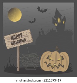 Happy Halloween Greeting Card Creepy Scary Night Pumpkin Castle Gothic Moon Full Moon Cobweb Sign October