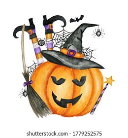 Happy Halloween holiday party Composition with Jack O' Lantern pumpkins, witch hat, broom, bat, spider. Watercolor Cartoon illustration isolated on white background. Halloween spooky design - Powered by Shutterstock