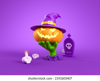 Happy Halloween and Jack  o  Lantern pumpkin character zombie hand purple background and grave   skull  Traditional october holiday  3d rendering 