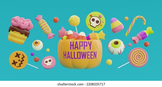 Happy Halloween with Jack-o-Lantern pumpkins basket full of colorful candies and sweets floating, 3d rendering.
 - Powered by Shutterstock