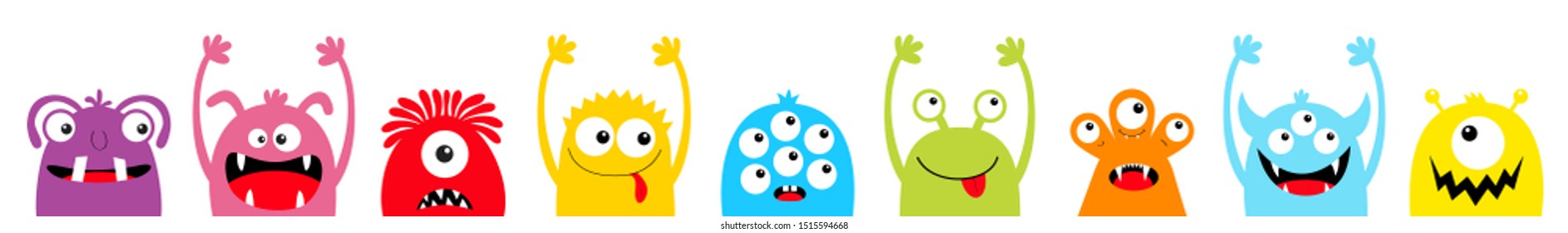 Happy Halloween. Monster colorful silhouette head face icon set line. Eyes, tongue, tooth fang, hands up. Cute cartoon kawaii scary funny baby character. White background. Flat design