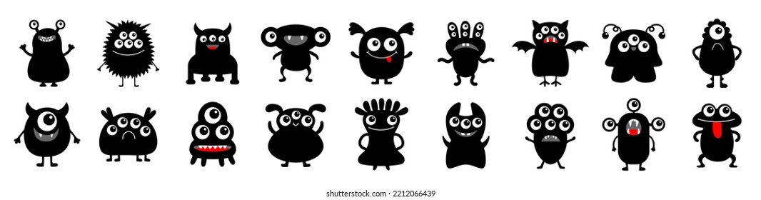 Happy Halloween. Monster Icon Big Set Line. Black Silhouette. Cute Kawaii Cartoon Funny Baby Character. Sticker Print Template.. Eyes, Horn, Fang Teeth Tongue. Flat Design. White Background. 