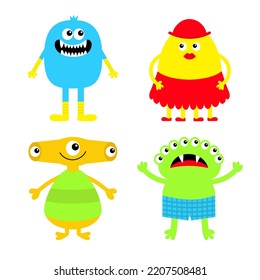 Happy Halloween. Monster Icon Set Wearing Clothes. Kawaii Cute Cartoon Funny Baby Character. Sticker Print. Eyes, Horn, Fang Teeth Tongue, Wing. Flat Design. White Background. 