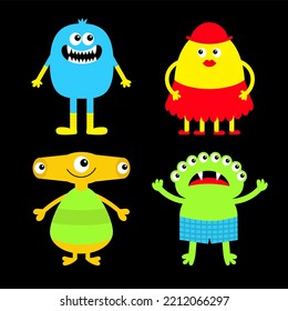 Happy Halloween. Monster Icon Set Wearing Clothes. Kawaii Cute Cartoon Funny Baby Character. Sticker Print. Eyes, Horn, Fang Teeth Tongue, Wing. Flat Design. Black Background. 