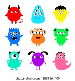 Happy Halloween. Monster set. Kawaii cute cartoon colorful scary funny character icon. Eyes, tongue, hands, horns, fang teeth. Funny collection. Isolated. White background Flat design. 