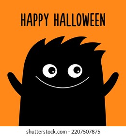 Happy Halloween. Monster Waving Hand. Kawaii Cartoon Baby Character. Cute Face Head Body. Funny Hair. Black Silhouette. Flat Design. Orange Background. 