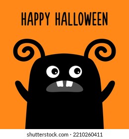 Happy Halloween. Monster Waving Hand. Kawaii Cute Cartoon Baby Character. Funny Face Head Body. Horn, Tooth. Black Silhouette. Flat Design. Orange Background. 