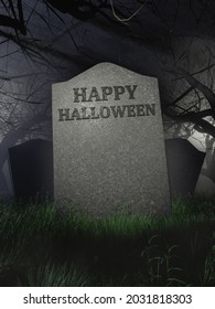 Happy Halloween Poster On A Tombstone In A Gloomy Forest With Fog. Space For Design. 3d Rendering