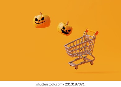 Happy Halloween sale with Jack-o-Lantern pumpkins and shopping cart on orange background. Halloween sale concept. Traditional october holiday. 3d rendering illustration - Powered by Shutterstock