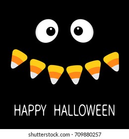 Happy Halloween. Scary Face Smiling Emotions. Big Eyes, Mouth Candy Corn Smile Vampire Tooth Fang. Baby Greeting Card. Flat Design Style. Black Background