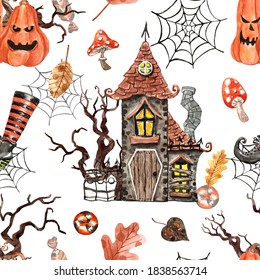 Happy Halloween seamless pattern and watercolor haunted house  creepy Jack O lantern pumpkin  orange   black candies   treats white background  Spooky holiday fall print 