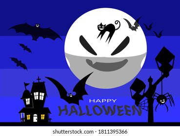 Happy Halloween Text With Light Pole And Smileing Bats And Cute Spider At Full Moon Time With Face Mask,