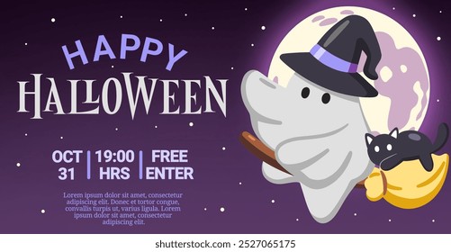 Happy Halloween theater poster, horror night movie banner, ghost witch ride a broomstick with black cat, vector clip art and illustration, simple graphic design, iconic picture. - Powered by Shutterstock