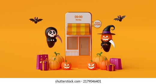 Happy Halloween Theme Of Shopping Online On Smartphone With Halloween Ornaments, 3d Illustration