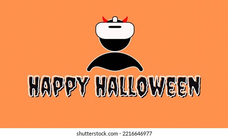 Happy Halloween With Virtual VR Character Avatar Icon Wearing Devil Horns And Extended Reality Headset, With Orange Background And Black Text Words For Party Banner Or Flyer.