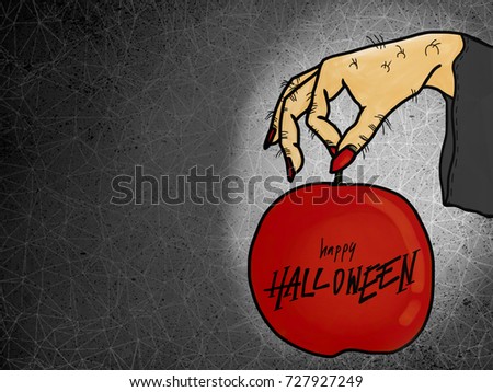 Happy Halloween witch hand and red apple watercolor illustration and copy space 