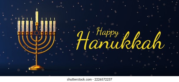 Happy Hanukkah Banner Design. Traditional Jewish Holiday Hanukkah Background With Menorah And Candles.
