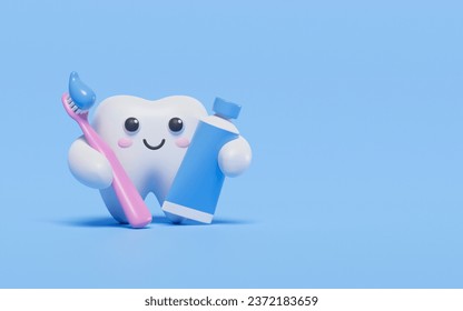 Happy healthy tooth cute character cleaning with toothbrush  toothpaste and medical shield. Health care for children dental care and dentistry concept. 3d rendering. - Powered by Shutterstock