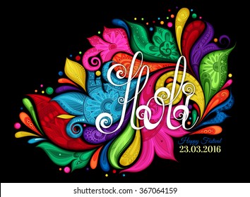 Happy Holi Template with Multicolor Colorful Stains on Black Background. Hand Written Lettering on Ornate Hand Drawn Background with Floral Ornament