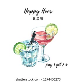 Happy Hour Hand Drawn Watercolor Illustration With Two Cocktails. Cosmopolitan And Moscow Mule Fresh Cocktails Garnished With Lime, Top Front View.