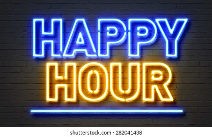 Happy hour neon sign on brick wall background - Powered by Shutterstock