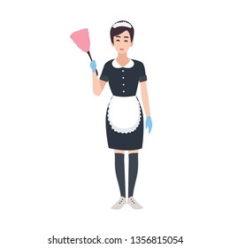 Happy housemaid, maid, housekeeping or house cleaning service worker wearing uniform. Pretty female cartoon character isolated on white background. Colorful illustration in flat style. - Powered by Shutterstock