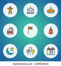 Happy icons colored line set with moon with star, ginger cookie, balloons and other night elements. Isolated  illustration happy icons. - Powered by Shutterstock