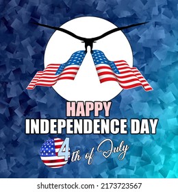 Happy Independence Day 4th Of July Text, Over Blue Abstract Background, A Concept Which An Eagle Is Flying With USA Flag Front Of A Fullmoon. Celebration Concept Of 4th Of July