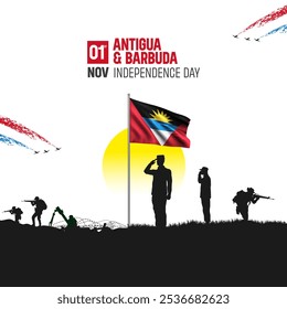 Happy Independence Day! Antigua and Barbuda with the Antigua and Barbuda flag and the Antigua and Barbuda Army and soldier salute of their flag illustration design. - Powered by Shutterstock