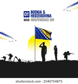 Happy Independence Day! Bosnia and Herzegovina with the Bosnia and Herzegovina flag and the Bosnia and Herzegovina Army and soldier salute of their flag illustration design. - Powered by Shutterstock